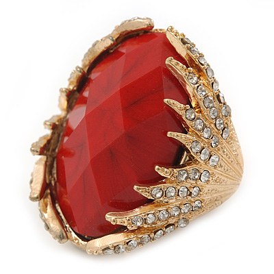 Oval Red Faceted Resin Stone, Diamante Cocktail Flex Ring In Gold Plating - 35mm Across - Size 7/8