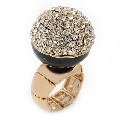 Statement Pave-Set Crystal, Black Enamel 'Ball' Flex Ring In Gold Plating - 25mm Across - Size 7/8