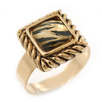 Vintage Square Animal Print Resin Ring In Burnt Gold - 13mm Width - Adjustable - Size 8/9