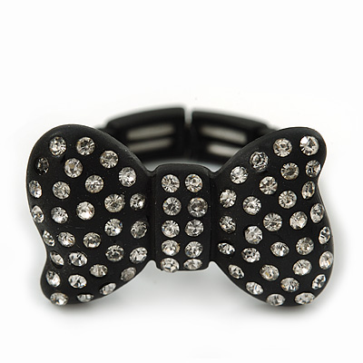 Matte Black 'Bow' Ring with Clear Crystals - 25mm Wide - Size 7/8 Expandable