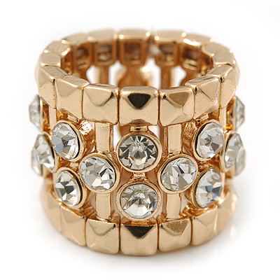 Wide Clear Swarovski Crystal Flex Band Ring In Gold Tone Metal Finish - 20mm Width - Size 7/8