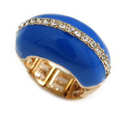 Blue Enamel Dome Shaped Stretch Cocktail Ring In Gold Plating - 2cm Length - Size 7/8