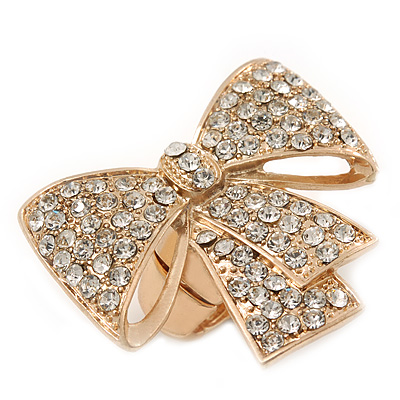Statement Pave-Set Swarovski Crystal 'Bow' Flex Ring In Gold Plating - 47mm Across - Size 7/8 - main view