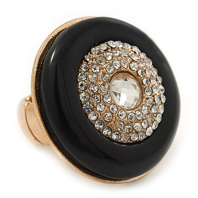 Large Black Enamel, Diamante 'Button' Flex Ring In Gold Plating - 35mm Diameter - Size 7/8