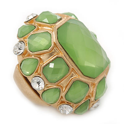 Statement Lime Green Glass Bead Dome Shaped Cocktail Flex Ring In Brushed Gold - 40mm Across - Size 7/8