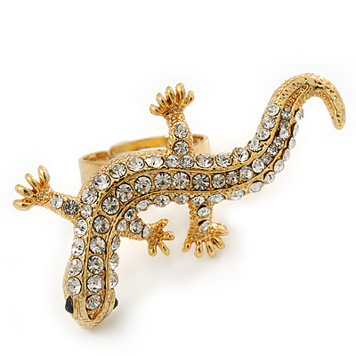 Gold Plated Sculptured Crystal 'Gecko' Statement Ring - Adjustable - Size 7/8 - 4.5cm Length - main view