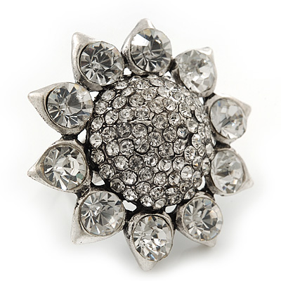 Rhodium Plated Diamante Sunflower Cocktail Ring - Size 7/8 Adjustable