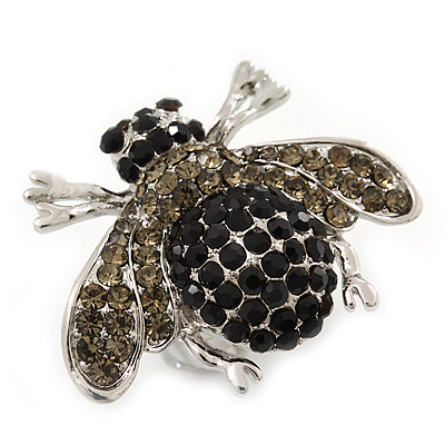 Rhodium Plated Swarovski Crystal Bumble Bee Cocktail Ring - Adjustable Size 8/9 (Grey and Black)