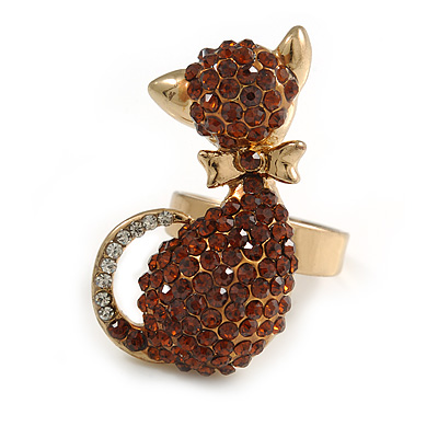 Gold Plated Amber Coloured Swarovski Crystal 'Kittie' Ring - 35mm Length - Adjustable - Size 7/8
