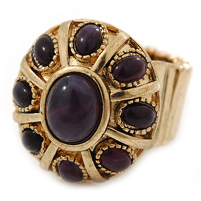 Vintage Purple Glass Stone Oval Flex Ring In Burn Gold Finish - 25mm Length - Size 8/9 - main view