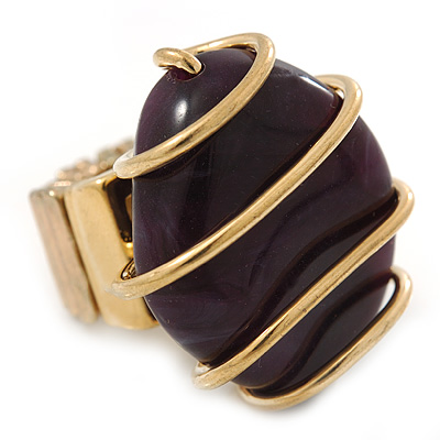 Vintage Deep Purple Resin Stone Wire Flex Ring In Burn Gold Finish - 35mm Across - Size 7/8
