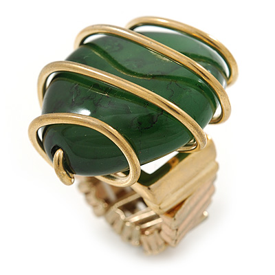 Vintage Green Resin Stone Wire Flex Ring In Burn Gold Finish - 35mm Across - Size 7/8 - main view