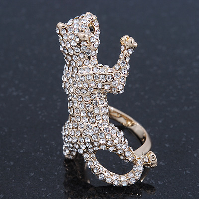 Gold Plated Sculptured Swarovski Crystal 'Cat' Statement Ring - Size 8 - 4cm Length