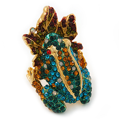 Sculptured Multi-tone Swarovski Crystal 'Frog on a Leaf' Ring - 4cm Length (Size 8)