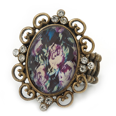 Vintage Diamante 'Floral' Cameo Flex Ring In Bronze Metal - 37mm Across - Size 7/8 - main view