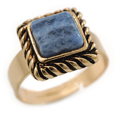 Vintage Small Square Blue Marble Ring In Burnt Gold - 13mm Width - Adjustable - Size 8/9