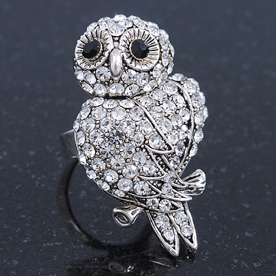 Vintage Style Swarovski Crystal 'Wise Owl' Cocktail Ring In Burnt Silver - Adjustable