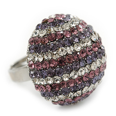 Rhodium Plated Swarovski Crystal 'Violetta' Dome Cocktail Ring - 25mm Diameter - Adjustable
