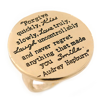 Gold Tone Audrey Hepburn Quote Round Medallion Statement Ring - Size 8, 30mm across - main view