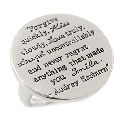 Silver Tone Audrey Hepburn Quote Round Medallion Statement Ring, 30mm across