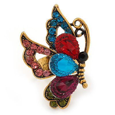 Multicoloured Crystal Butterfly Ring In Antique Gold Metal - Adjustable - Size 7/8