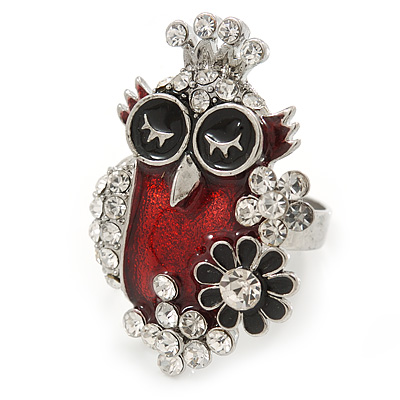 Black/ Red Enamel, Crystal Owl Ring In Silver Tone - Size 7/8 - Adjustable