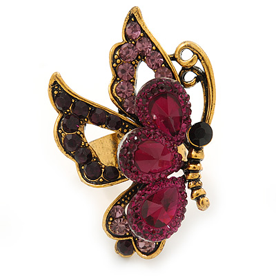 Purple Crystal Butterfly Ring In Antique Gold Metal - Adjustable - Size 7/8