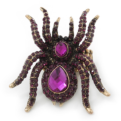 Oversized Amethyst Austrian Crystal Spider Stretch Cocktail Ring In Antique Gold Plating - 6cm Length
