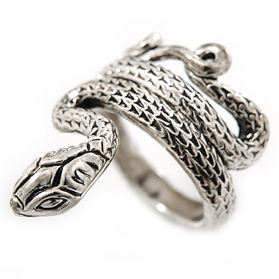 Vintage Inspired Sleek Textured 'Coiled Snake' Ring In Antique Silver Tone - Size 7