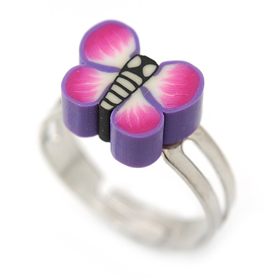 Children's/ Teen's / Kid's Purple Fimo Butterfly Ring In Silver Tone - Adjustable - main view