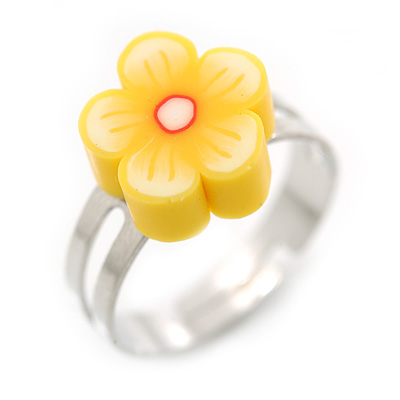 Children's/ Teen's / Kid's Bright Yellow Fimo Flower Ring In Silver Tone - Adjustable