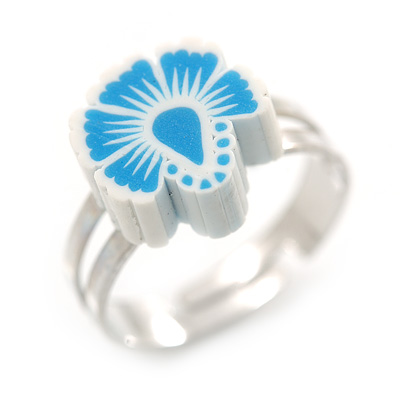Children's/ Teen's / Kid's Light Blue/ White Fimo Flower Ring In Silver Tone - Adjustable - main view