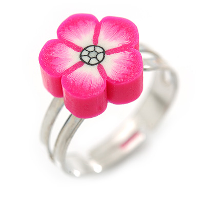 Children's/ Teen's / Kid's Deep Pink Fimo Flower Ring In Silver Tone - Adjustable