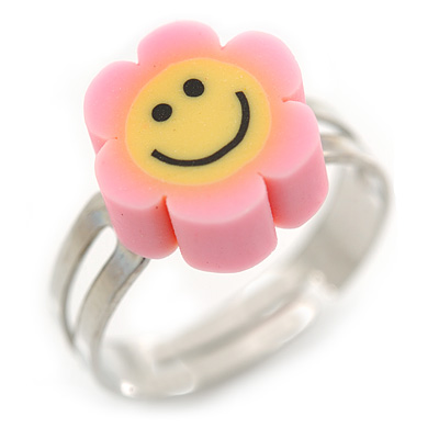 Children's/ Teen's / Kid's Deep Pink, Yellow Fimo Flower Ring In Silver Tone - Adjustable - main view