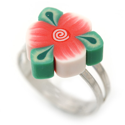 Children's/ Teen's / Kid's Pink, Green Fimo Flower Ring In Silver Tone - Adjustable - main view