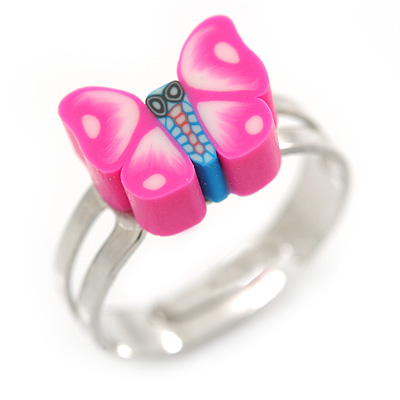 Children's/ Teen's / Kid's Deep Pink Fimo Butterfly Ring In Silver Tone - Adjustable - main view