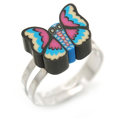 Children's/ Teen's / Kid's Black Fimo Butterfly Ring In Silver Tone - Adjustable - main view