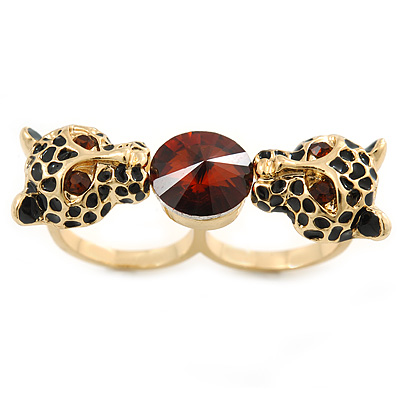 Black Enamel, Crystal Two Head Jaguar Double Finger Ring In Gold Plated Metal - (Size 7/8) - 45mm Width