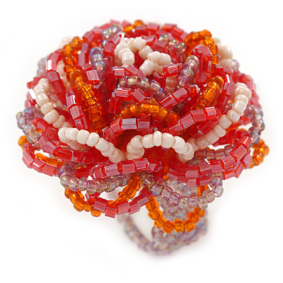 White/ Orange/ Red/ Lavender Glass Bead Flower Stretch Ring