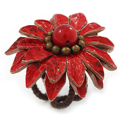 Red Leather Layered With Glass Bead Daisy Flower Wire Band Ring - Adjustable - 40mm D