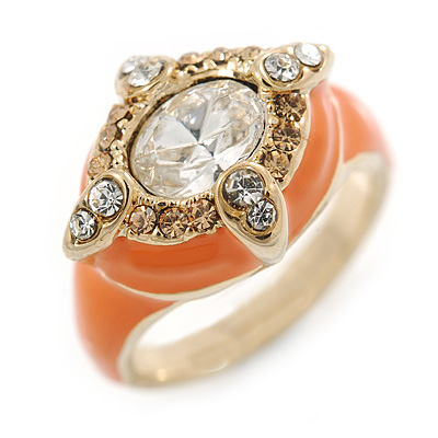 Stunning Clear/ Citrine Crystal Orange Enamel Ring