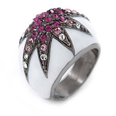 Statement Dome Shape White Enamel with Crystal Star Motif Band Ring In Black Tone