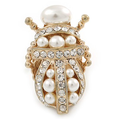 Clear Crystal, Glass Pearl Egyptian 'Scarab' Beetle Ring In Gold Plating - Size 7/8 - Adjustable - 45mm