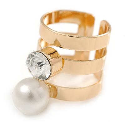 Wide Gold Plated Pearl, Crystal Band Ring - Size 7 - main view