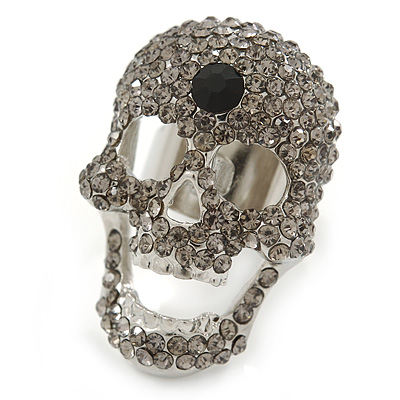 Dazzling Light Grey Crystal Skull Cocktail Ring - Size 7/8 - Adjustable
