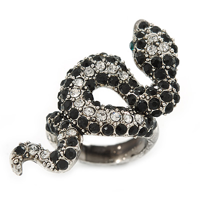 Vintage Inspired Black/ Clear Crystal Coiled Snake Ring In Silver Tone - Size 7