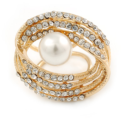 Large White Glass Pearl Diamante Cocktail Ring In Gold Plating - 35mm Across - Size 7