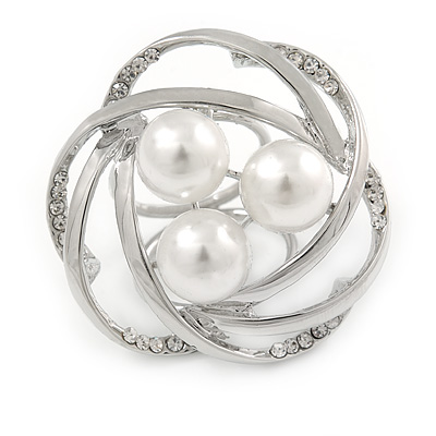 Large White Glass Pearl Diamante Cocktail Ring In Silver Plating - 43mm D - Size 7 - main view