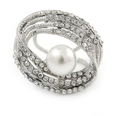 Large White Glass Pearl Diamante Cocktail Ring In Silver Plating - 35mm Across - Size 7