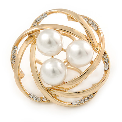 Large White Glass Pearl Diamante Cocktail Ring In Gold Plating - 43mm D - Size 7